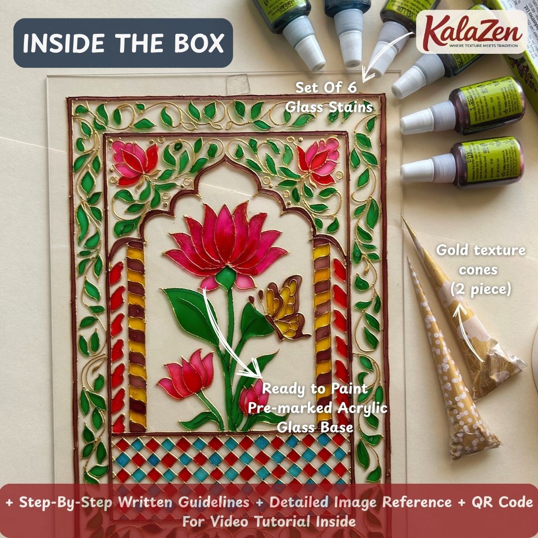 Inside a KalaZen DIY glass painting kit: lotus and butterfly design with gold texture cones and glass stains