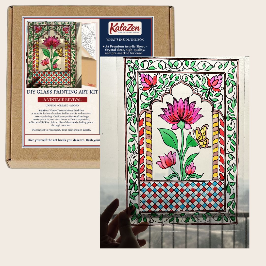 DIY lotus glass painting kit, finished stained glass art with pink lotus and butterfly in jharokha frame